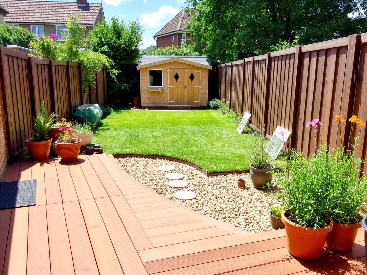 Maintained back garden with decking, gravel and fence panels